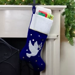 Northlight 20.5" Royal Blue And White Velvet Dove With Olive Branch Christmas Stocking