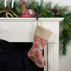 Northlight 20" Tan And Red Rustic Burlap Poinsettia Christmas Stocking