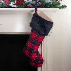 Northlight 21.5" Red And Black Plaid With Dots And Faux Fur Cuff Christmas Stocking