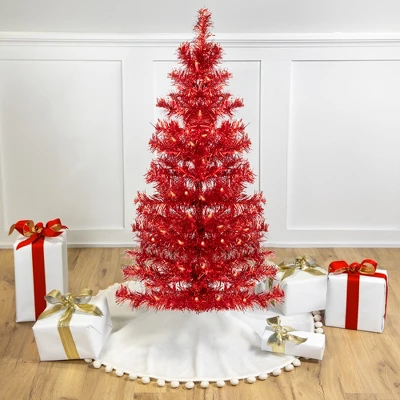 Northlight Pre-Lit Artificial Tinsel Christmas Tree - 3' - Red - Clear Lights 3 Northlight Pre-Lit Artificial Tinsel Christmas Tree - 3' - Red - Clear Lights