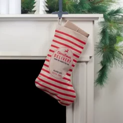 Northlight 19" Beige And Red Striped "Christmas Delivery" Stocking With Loop