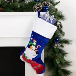 Northlight 24" Large Penguin And Bear Blue Velveteen Christmas Stocking With White Cuff
