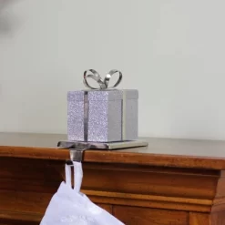 Northlight 5.5" Silver Glitter Gift Box With Bow Christmas Metal Stocking Holder -Christmas Decorations Store GUEST 8223becd 209c 4301 a1df 561508b03b32