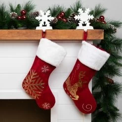 Northlight Reindeer And Snowflake Sequin Christmas Stockings - 20" - Red And White - Set Of 2
