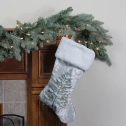 Northlight 20" Snow Covered Green Tree Gray Christmas Stocking With White Cuff
