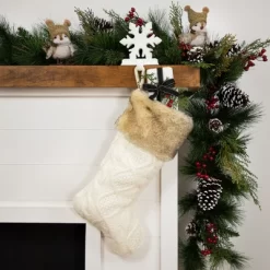 Northlight Cable Knit Christmas Stocking With Faux Fur Cuff - 20.5" - Cream And Beige
